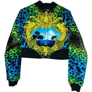 Versace for H\u0026M Jackets \u0026 Coats | 2011 Versace for H\u0026M Cropped Baroque Miami Print Velvet Bomber Jacket | Color: Black/Green | Size: 2 | Ace_20's